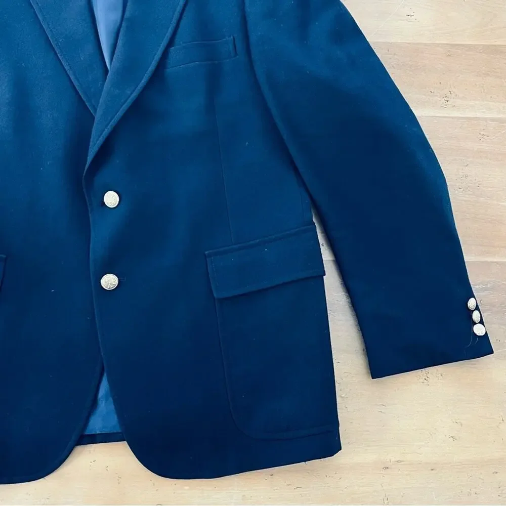Vintage Navy Blue Sport Coat Blazer Gold Buttons Suit Coat 100% Pure Wool 42R